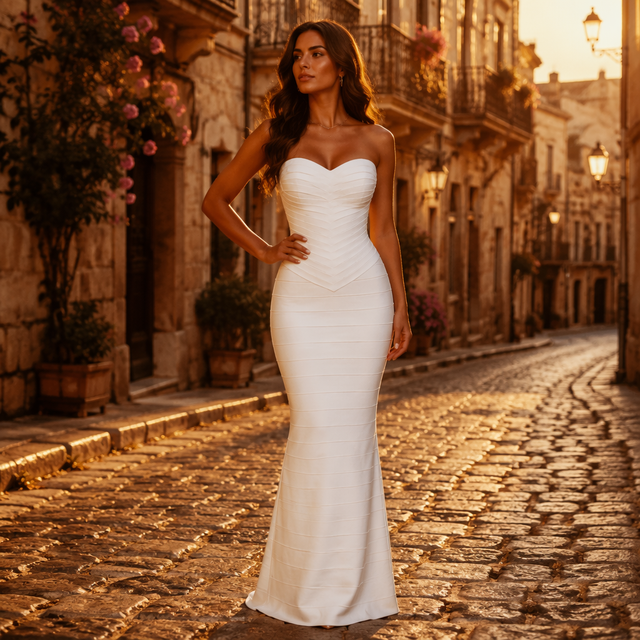 Luxury Strapless Sweetheart Bandage Maxi Dress Women Chevron Bodice Bodycon Floor-Length Evening Gown Formal Gala Red Carpet