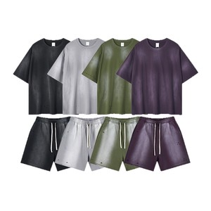 Camiseta de forro polar de color liso para hombre, cuello redondo, manga corta, estilo americano, con efecto desgastado y lavado, de importación transfronteriza - Product Image 5