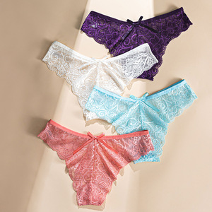 Braguitas de encaje transparentes para mujer, de talle medio, sin costuras, con lazo, blancas, para uso diario - Product Image 3