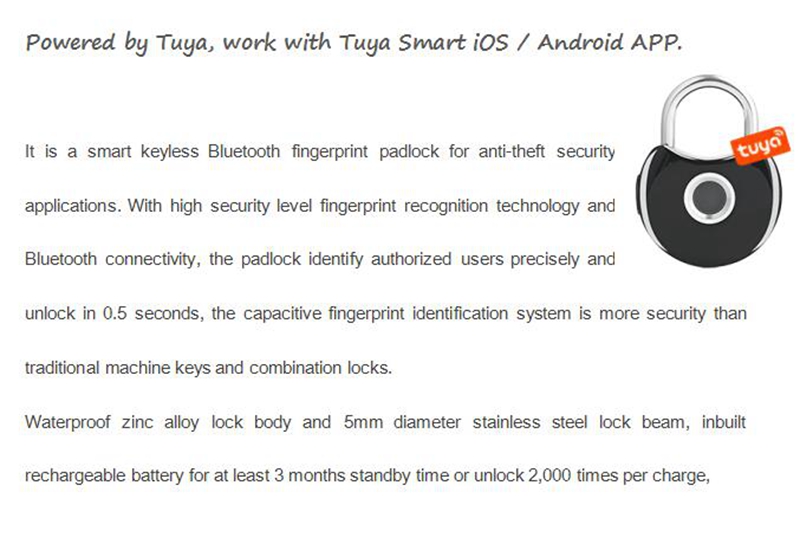 Tuya Smart Padlock fingerprint padlockfingerprint unlock, USB rechargeable