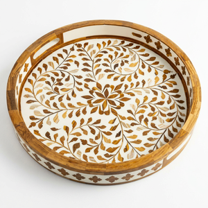 Resin Rattan Inlay Portable Single Tier Multifunction Polished 0-1L Capacity Serving Tray Floral Design Oriental Style Storage - Product Image 1