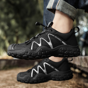 Men's Black White Color-<b>block</b> Hiking Shoes, Non-slip Quick-lace Outdoor Trekking Sneakers, Breathable - Product Image 3