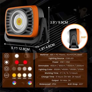 COB ซุปเปอร์ไบรท์ 8000mAh ไฟ LED ทำงานแบบชาร์จไฟได้หรี่แสงได้ 2000LM แบตเตอรี่สปอตไลท์อลูมิเนียม 6500K สำหรับถนนโรงแรมเวิร์คช็อป CO - Product Image 5