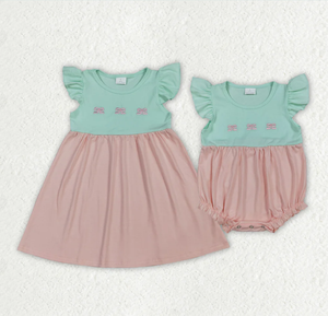 Conjunto de Vestido y Romper con Volantes para Bebés Niñas, Mangas con Volantes, Bordado y Lazos, Largo hasta la Rodilla - Product Image 1