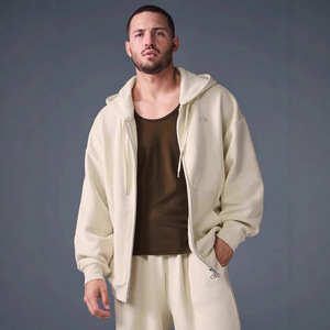 Felpa con Cappuccio Stile Americano Autunno Inverno, Pesante con Stampa Lettering, Foderata in Pile, Casual con Zip, Cappotto Oversize Unisex - Product Image 2