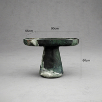 Table d'appoint en marbre vert foncé, forme champignon, plateau ovale arrondi, piétement conique évasé, veine blanche sauvage, table d'appoint de canapé