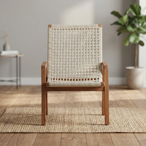 Chaise de salle à manger moderne en teck tressé de haute qualité avec accoudoirs et pieds coniques pour villa, hôtel, restaurant - Product Image 3