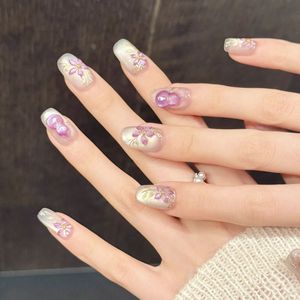 <span class=keywords><strong>Faux</strong></span> <span class=keywords><strong>ongles</strong></span> artisanaux à presser style <span class=keywords><strong>chinois</strong></span> traditionnel, motif floral violet avec veines dorées et ornements 3D en forme de gourde violette - Product Image 2