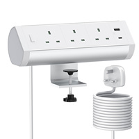 British Plug Noir IP44 4-Outlet 2-Port Desktop Clamp Power Strip avec USB pour le bureau
