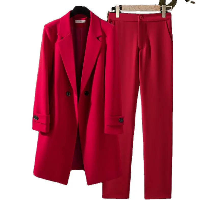 Wholesaler Dropship Formal 2 Piece Long Coat Pant Suit Blazer Office Lady Uniform Design Women Business Jacket with Trouser