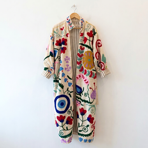 Bata Kimono de Terciopelo con Bordado Floral Suzani, 100% Algodón, Cuello en V, Ligera, Transpirable, Ecológica, con Botones, Estilo Boho, Larga, para Invierno - Product Image 1