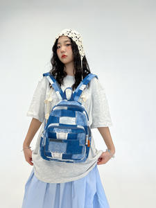Style coréen unisexe couleur contrastante Plaid loisirs étudiant sac à dos Patchwork Vintage Denim voyage <span class=keywords><strong>cartable</strong></span> - Product Image 2