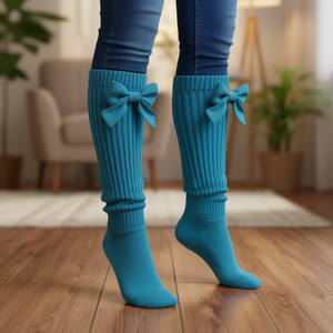 Db Chaussettes hautes pour femmes, bleu turquoise, avec nœud, tricotées, respirantes, en nylon, pour usage quotidien, taille 5 à 10 - Product Image 2