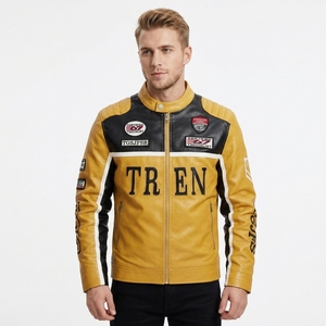 Spring Autumn Fashion Color Block Racing Motorcycle <strong>Jacket</strong> for Men <strong>Mandarin</strong> <strong>Collar</strong> PU Canvas with Embroidery - Product Image 2