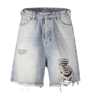 Short en <span class=keywords><strong>jean</strong></span> noir déchiré pour homme, coupe droite, style streetwear, fabrication professionnelle - Product Image 4