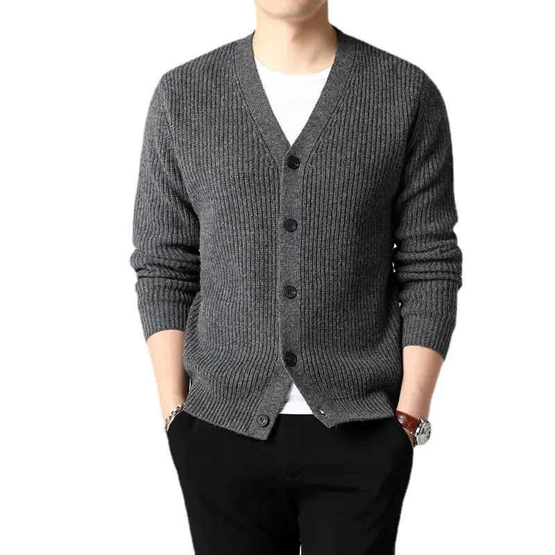 Jinpeng gestrickt Frühjahr und Herbst Herren einfacher lockerer gestrickter Knopf Kardigan koreanischer V-Ausschnitt Mantel vielseitiger westlicher Pullover für Herren