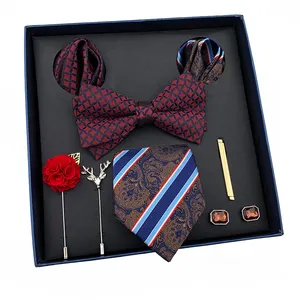 高品质真丝涤纶领带套装配翻领别针男士礼品领带盒套装蝴蝶结领结领带和手帕套装
