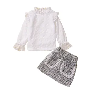 2022 Spring Autumn New Girls Leisure Two Pieces Long Puff Sleeve Flower Lace Blouse Solid Color Plaid Pocket Skirt Kids Clothes