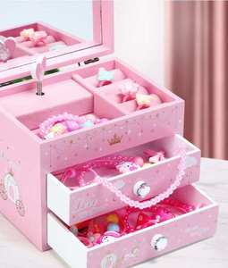Caja de Joyería Musical de Lujo para Niñas, Rosada, de MDF, con 2 Cajones, Giratoria, con Manivela, en Forma de Corazón, para Princesas - Product Image 5