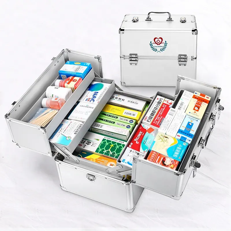 First Aid Dedicated First Aid Kit Box With Double Layer & 4 Compartments Metal Medicine Storage Box