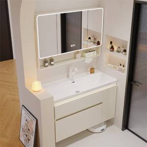 Meuble de salle de bain intelligent style crème française avec miroir intégré et lavabo en céramique étanche - Product Image 2