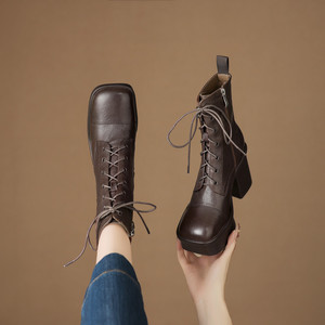 Botas de Mujer de Cuero Genuino Impermeables de Moda, con Cremallera Trasera, Diseño Retro, Tacones Altos y Gruesos, Construcción Duradera - Product Image 6