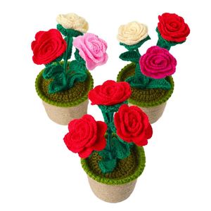 Nouvelles plantes en pot en tricot de laine au crochet, roses chinoises, pour décoration maison et voiture, cadeaux de Noël festifs, fleurs en pot - Product Image 5