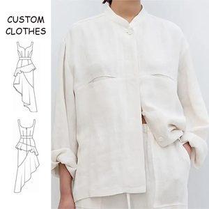 Custom Wholesale Casual Loose Solid Stand Collar Long Sleeve Buttons Pockets Tops White 100% Pure <strong>Linen</strong> Shirts <strong>Blouses</strong> <strong>for</strong> <strong>Women</strong> - Product Image 1