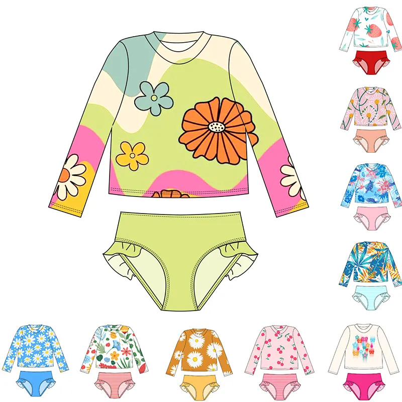 Nouvelle vente chaude fruits fleur imprimé Animal fendu filles enfants maillots de bain à manches longues deux pièces enfants maillot de bain