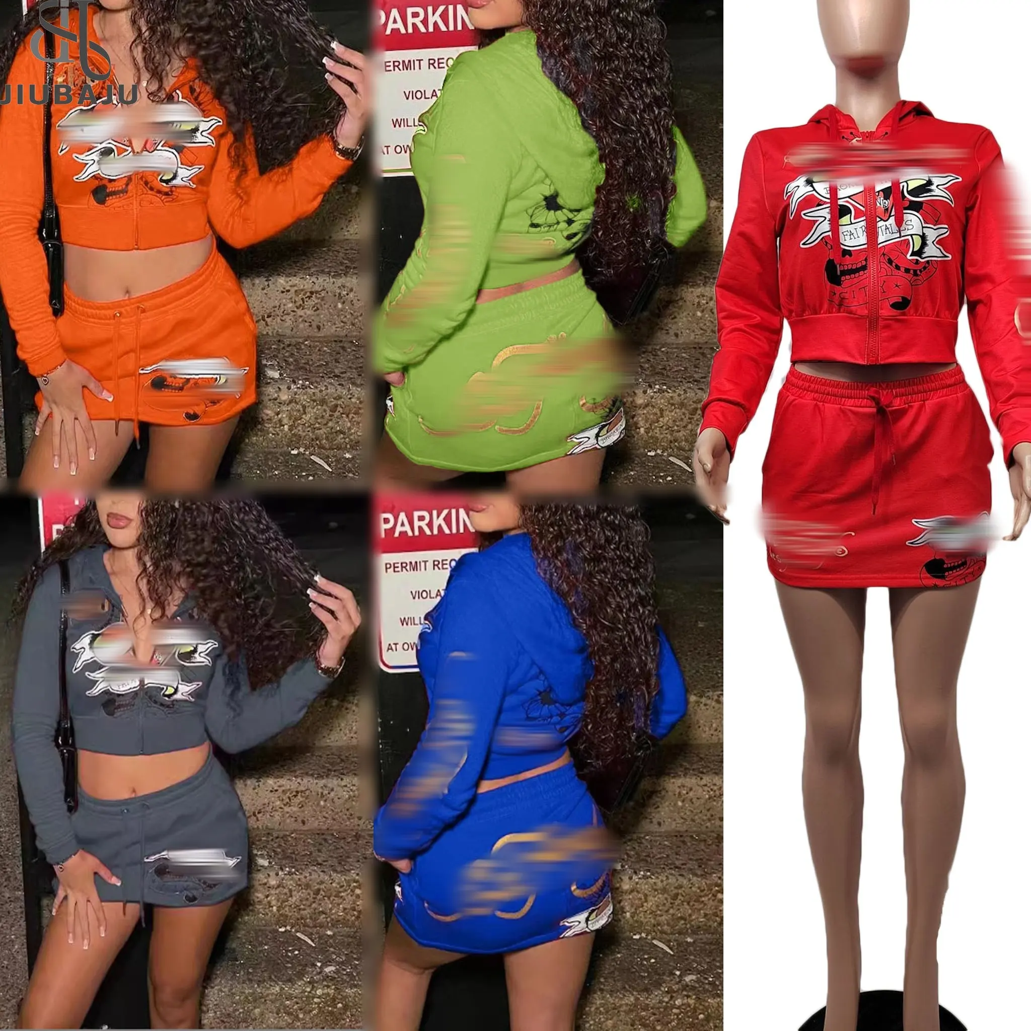 Conjunto gráfico de dos piezas para mujer Y2k Zip Up Sudadera con capucha recortada de manga larga y trajes de falda corta