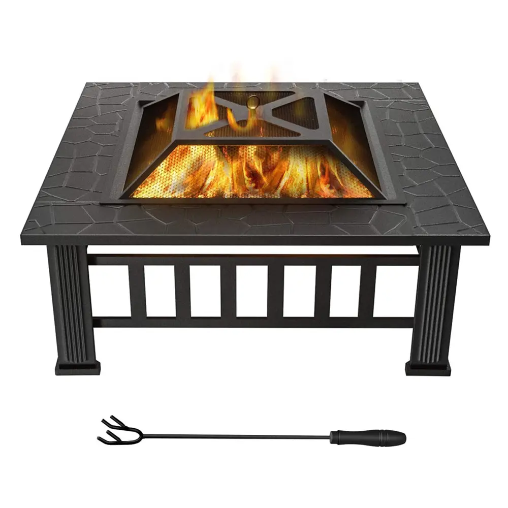 Oniya 32in Patio Backyard Garden Fire Pits Square Table Wood Burning Outdoor with Spark Screen, Waterproof Cover, Poker
