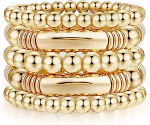 2024 Vintage Chunky Curved Stacking Bracelet Fashion Statement Bracelet Boho Gold Bead Bracelet for Women Girls