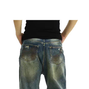 अमेरिकी उच्च सड़क पुरुषों की जींस रेट्रो कैजुअल डेनिम, नरम धुली फिनिश हिप हॉप शैली के मध्य कमर के साथ - Product Image 4