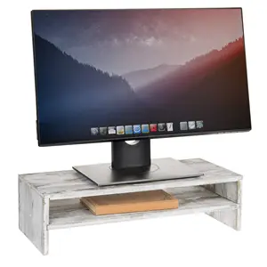 Özelleştirilmiş 2-Tier rustik beyaz yıkanmış ahşap bilgisayar monitörü standı ve masaüstü raf ergonomik bilgisayar monitörü standı yükseltici