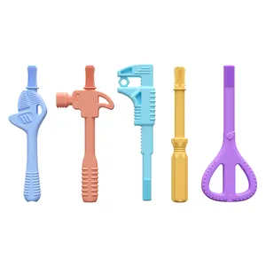 5 Pcs Infant Hammer Spanner Wrench Pliers Tools Shape Baby Teethers Food Grade Silicone Silicone Hollow Tubes Teething Toys