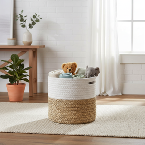 Modern Style Circle Eco-Friendly Flexible Multi-Purpose <b>Storage</b> <b>Basket</b> with Jute and <b>White</b> Cotton Braided Design DIVTIK DECOR - Product Image 2