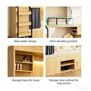 Lit superposé en bois avec échelle, rangement <span class=keywords><strong>intégré</strong></span> et rideaux d'intimité pour chambre d'enfant - Product Image 3