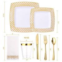 Service de vaisselle jetable carré doré pour 25 invités, comprenant assiettes, gobelets, serviettes et couverts, pour événements de mariage
