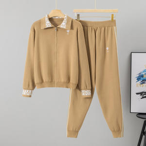 Herbst Damen Cross-Border Fashion Zweiteiliges Set Reiß verschluss Bestickter Strick Freizeit anzug Langarm Brief kragen Charakter 0620 - Product Image 1