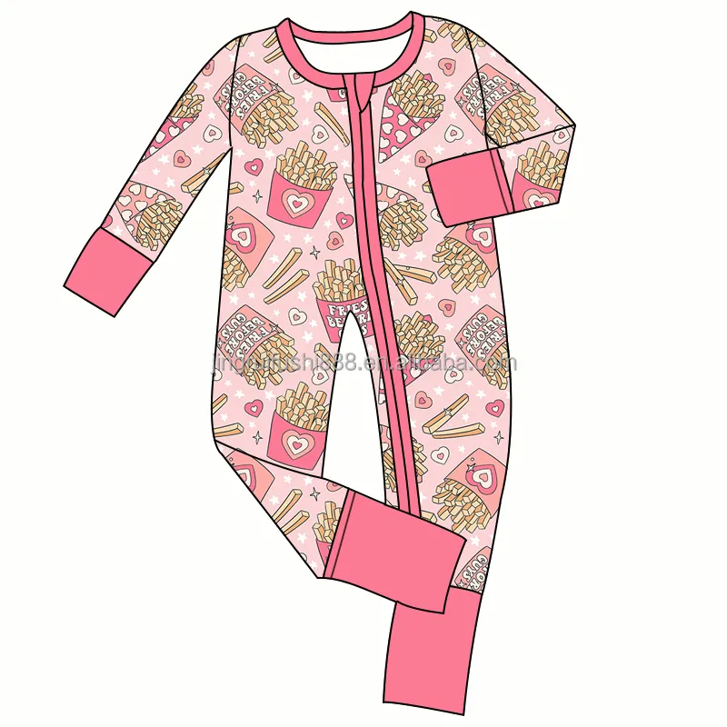 Bambu yumuşak bebek çift fermuar pijama Romper önce sevgililer kızartması çocuklar baskılı katlanmış eller ayaklar çocuk uzun tarzı takım elbise
