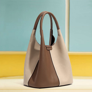 Nouveau sac fourre-tout en cuir véritable haut de gamme à couleur contrastante, fermeture éclair, doublure en polyester, sac à main panier pour femme, vente en gros - Product Image 4