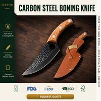 Couteau de boucher à lame fixe pour la chasse et le dépecage, manche en bois, étui en cuir, pointe traînante, acier au carbone, manche intégral, pour l'extérieur, OEM/ODM