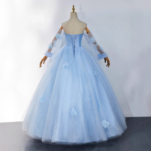 Blue Strapless Ball Gown Tulle Dress With 3D Floral Print Empire Waistline For Wedding Evening Events - Product Image 4