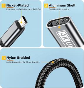 Venta al por mayor 4K60Hz <span class=keywords><strong>USB</strong></span> C <span class=keywords><strong>a</strong></span> <span class=keywords><strong>HDMI</strong></span> hembra <span class=keywords><strong>adaptador</strong></span> trenzado Nylon Cable <span class=keywords><strong>para</strong></span> portátil TV proyector Home Theater - Product Image 2