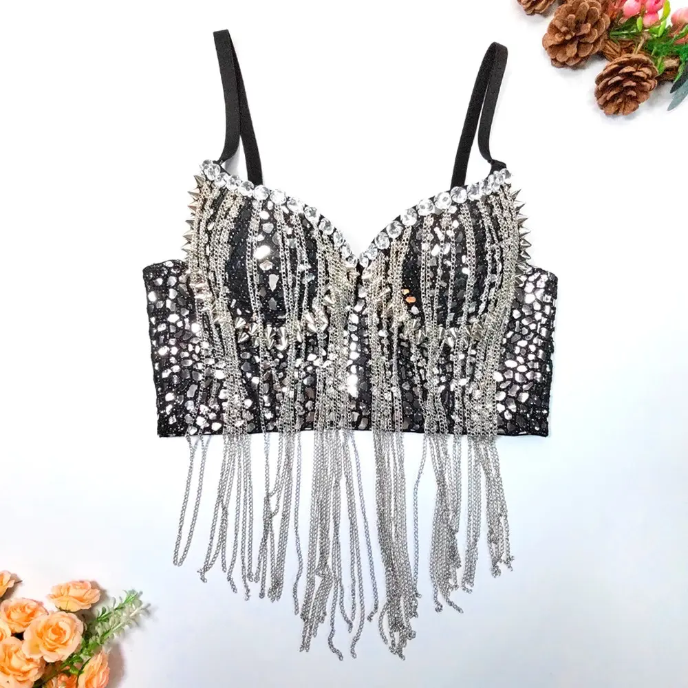 BL31 Punk-Stil Samba Karneval Bauchtanz Kostüm Diamant Bustier Strass Korsett Tops mit Quaste Kette