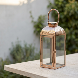 Wholesale High Quality Rose <b>Gold</b> Stainless Steel Hammered Top Handmade Candle Holder <b>Lantern</b> for Christmas Home Garden - Product Image 3