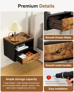 Floating Nightstand with Charging Station,Modern <strong>Bedside</strong> <strong>Table</strong> with Drawers and Extension Panel, Small <strong>Wall</strong> <strong>Mounted</strong> Nightstands - Product Image 5