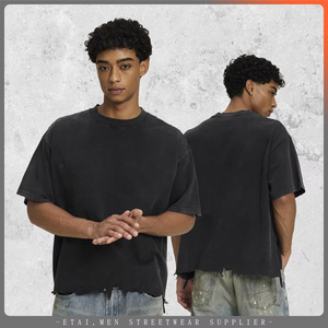メンズ高品質240gコットン無地ルーズフィット半袖ストリートスタイルレトロTシャツ - Product Image 4