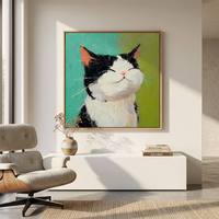 Peinture à l'huile sur toile, peinte à la main, personnalisée, carrée, verte, texture épaisse, couteau à palette, art de chat de compagnie pour la décoration du salon