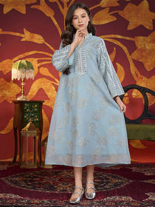 Nouvelles filles musulmanes <span class=keywords><strong>feuille</strong></span> métallique brodé longue Abaya avec col Mandarin bleu clair islamique enfants vêtements - Product Image 2